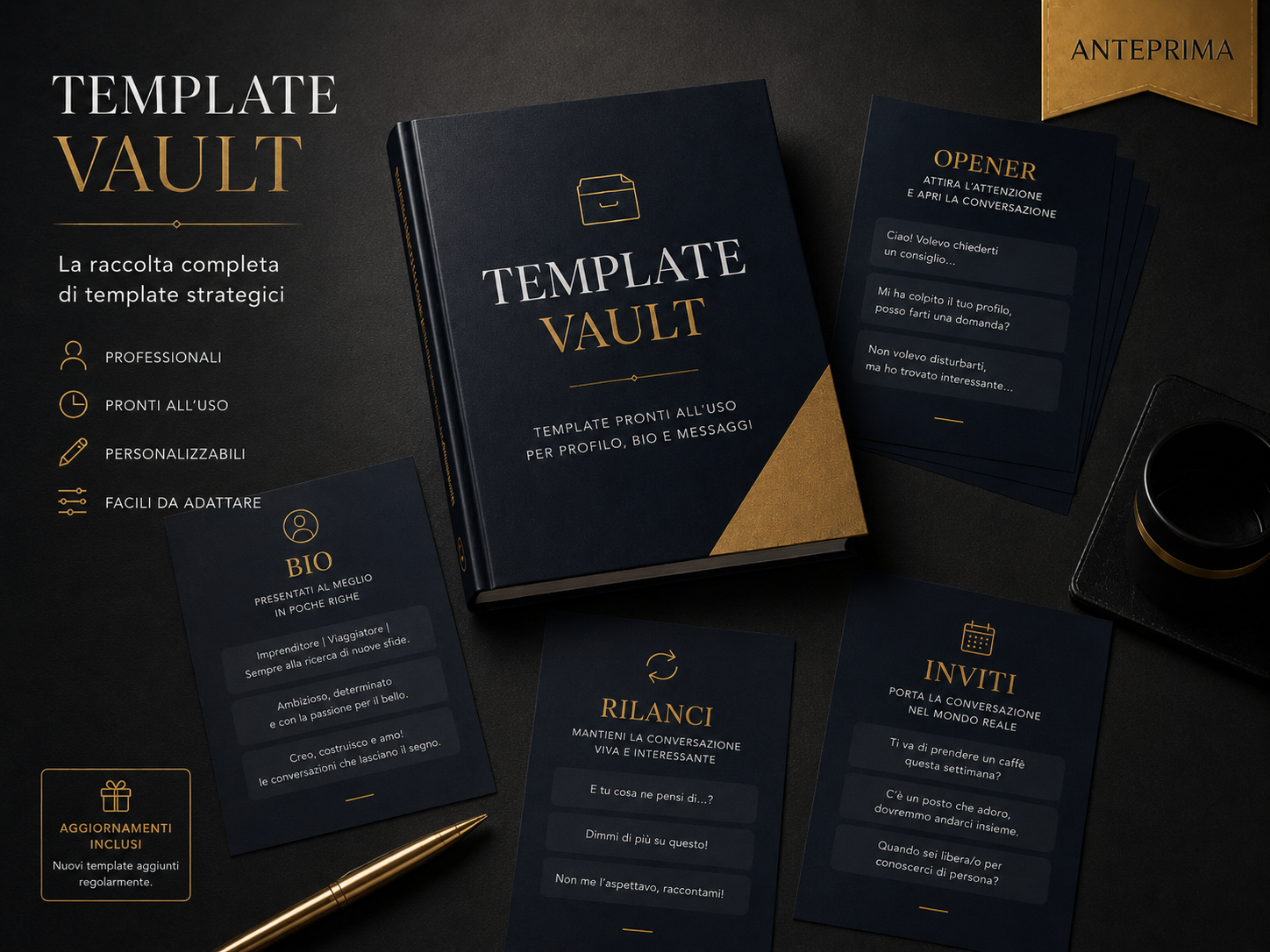 Anteprima Template Vault con opener, rilanci, inviti e bio